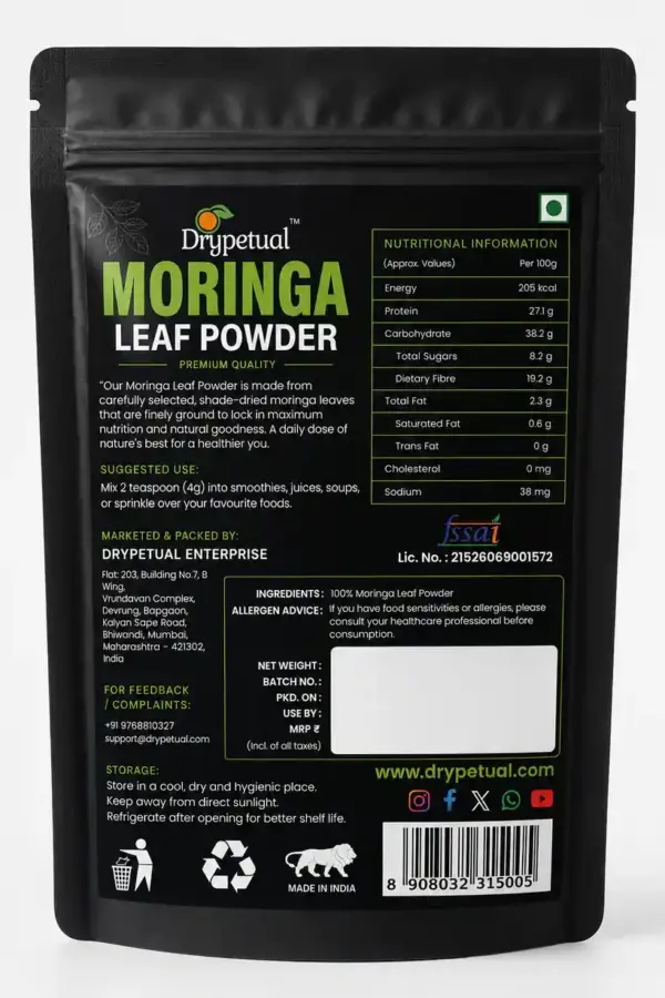moringa pouch back Drypetual Moringa Powder | 100% Pure Moringa Leaf Powder